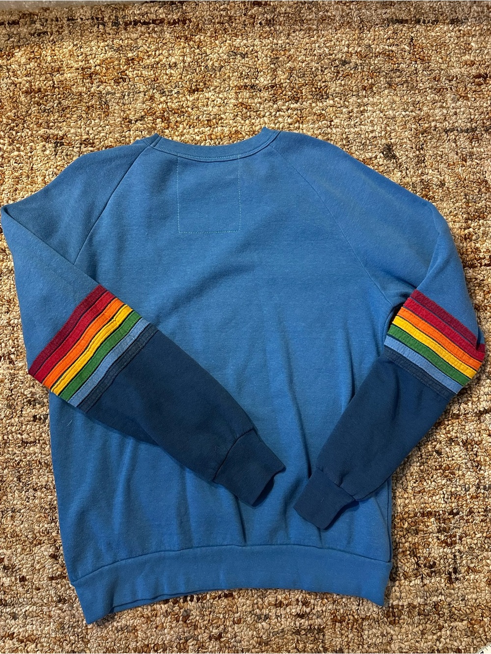 Rare Aviator Nation Blue Crewneck Sweatshirt with Rainbow Sleeve Stripes - Picture 5 of 5